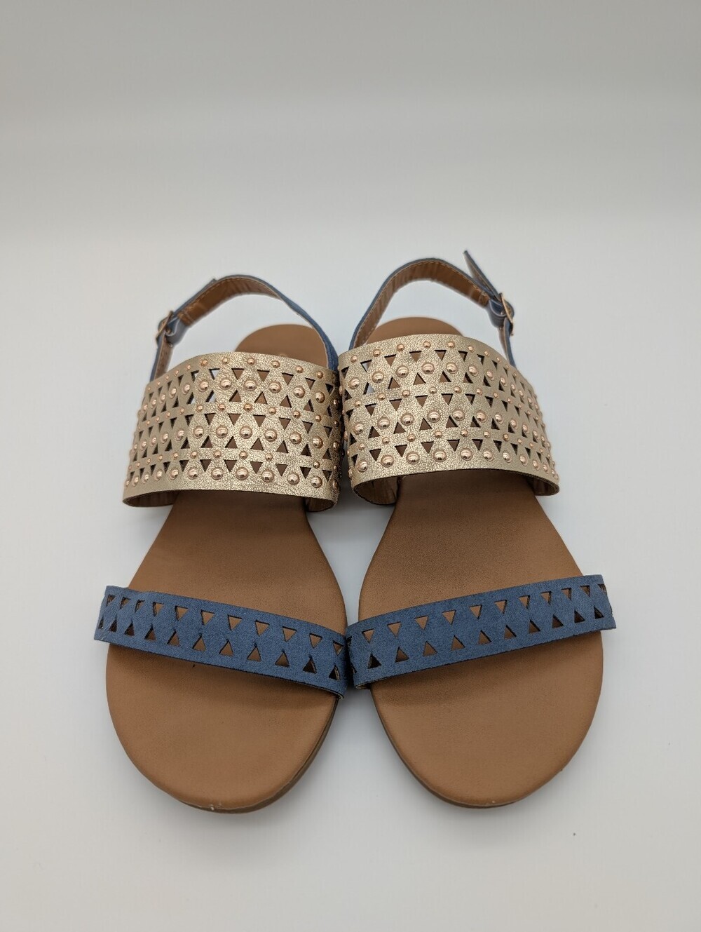 Qupid Geometric Laser Cut Studded Slingback Sandals Blue Metallic Gold - Picture 3 of 9